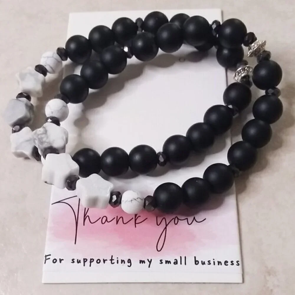 Black Stone + Gray Howlite Stars | Girl Teen Tomboy | Beaded Stretch Bracelet - Picture 2 of 7